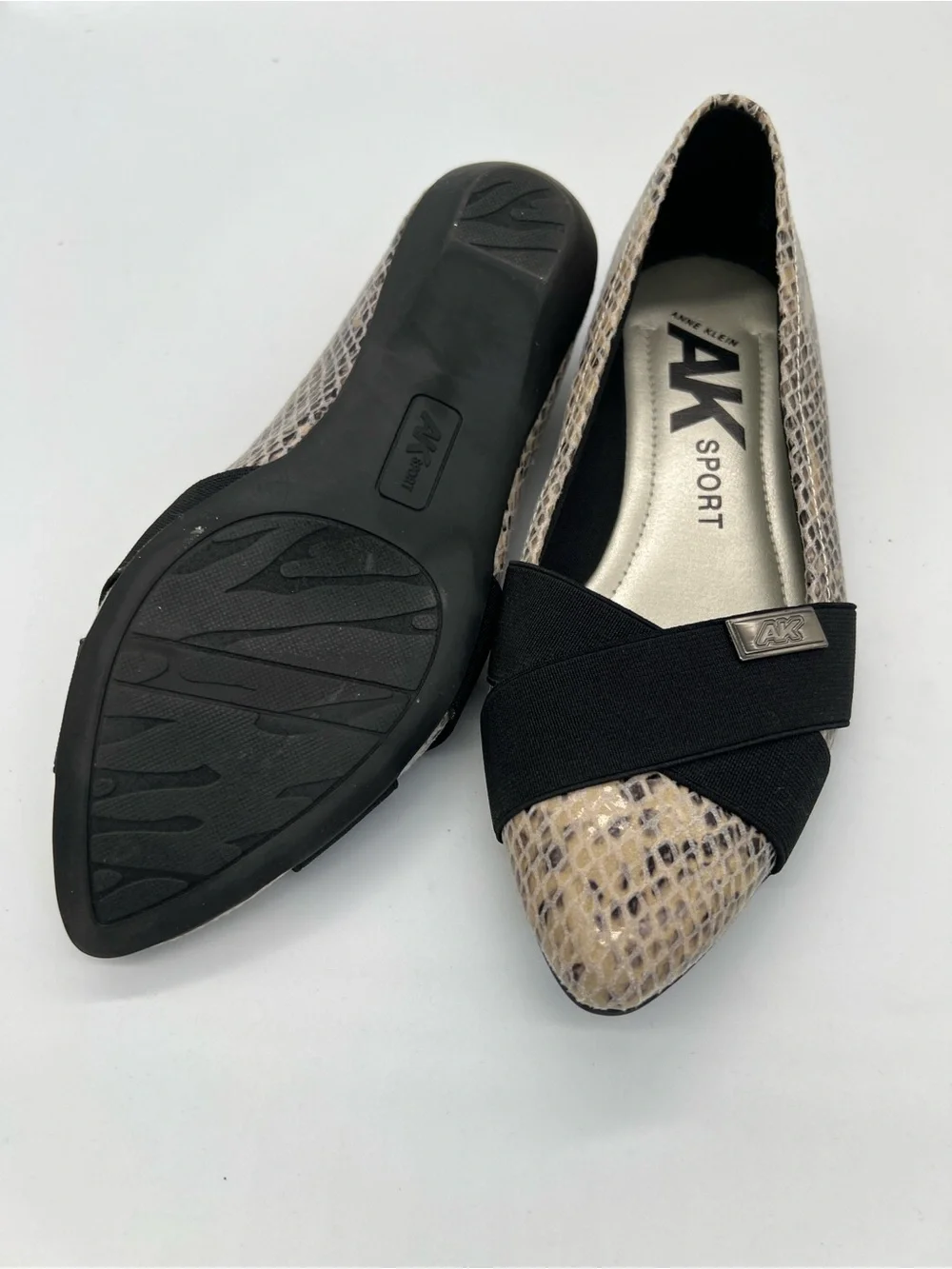 Ann Klein Women's Snake-Print Pointed Toe Flats in Beige and Black